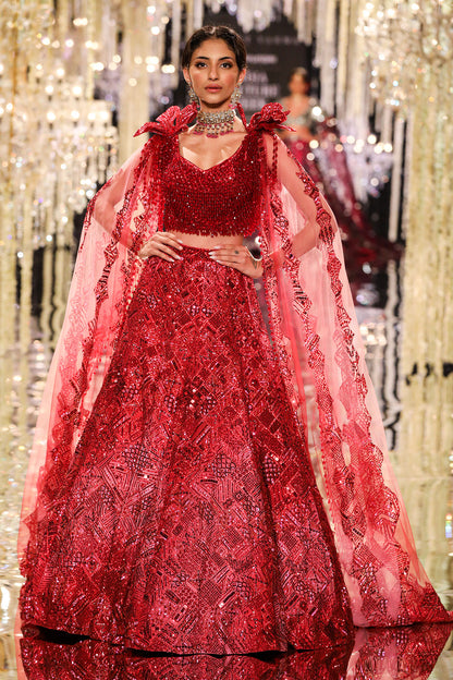 Burgundy Geometric Crystal Tulle Lehenga