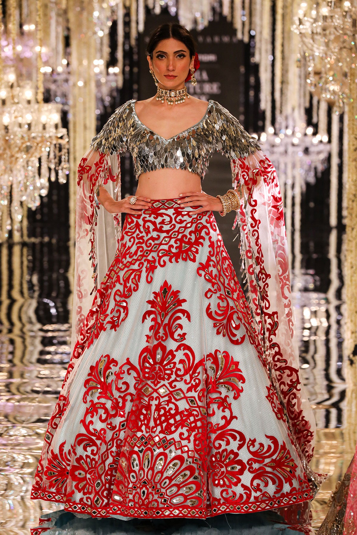 Ice-Blue Lehenga with Red and Silver Appliqué