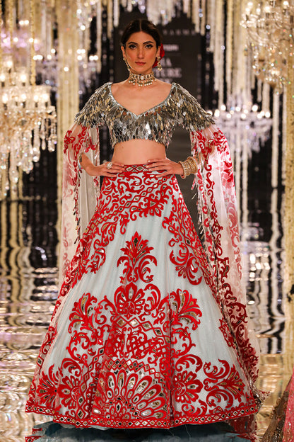 Ice-Blue Lehenga with Red and Silver Appliqué