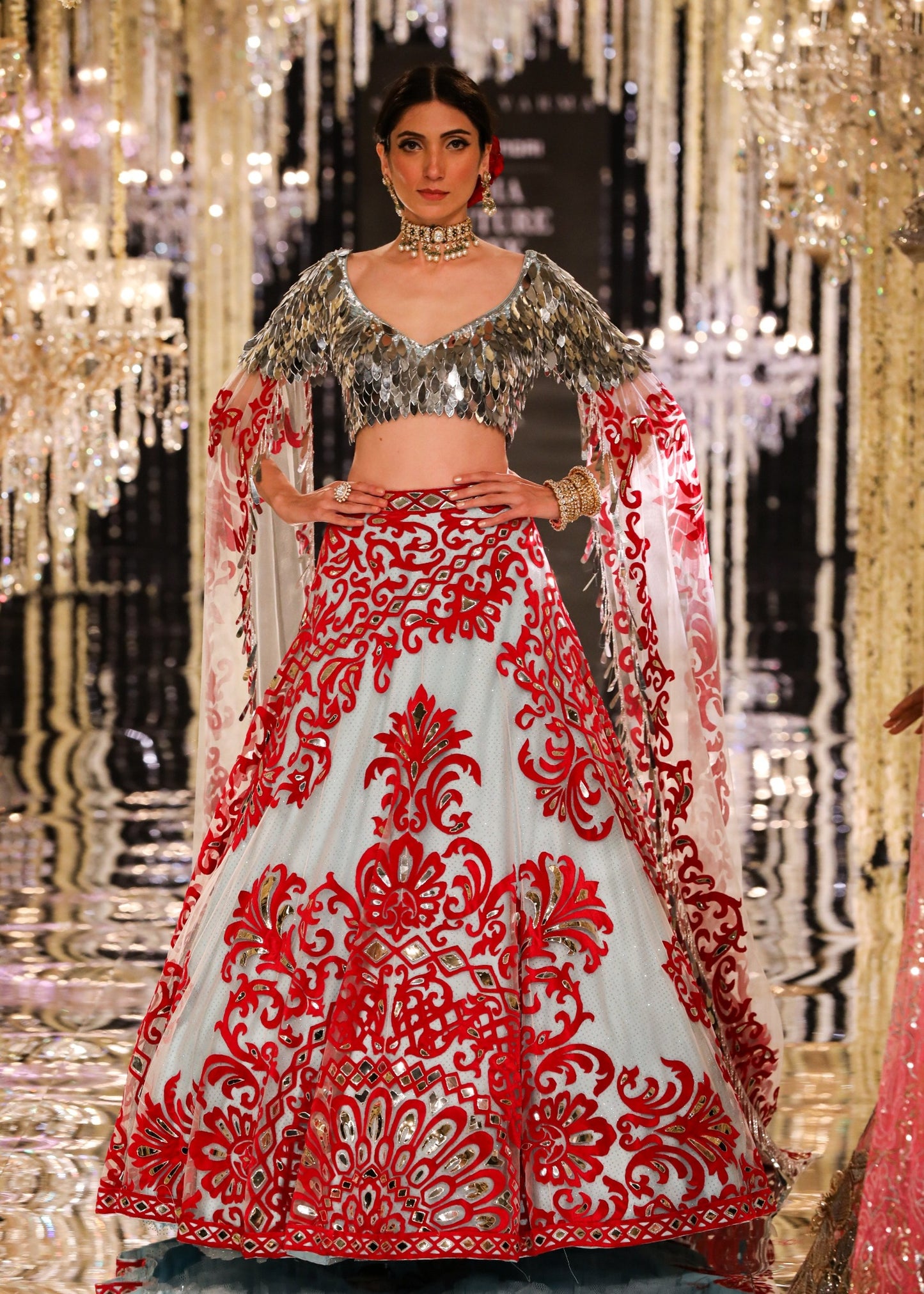 Ice-Blue Lehenga with Red and Silver Appliqué