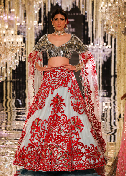 Ice-Blue Lehenga with Red and Silver Appliqué