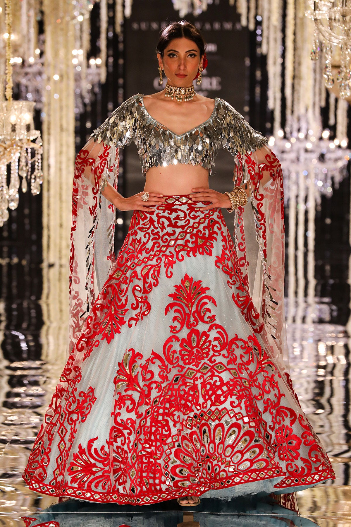 Ice-Blue Lehenga with Red and Silver Appliqué