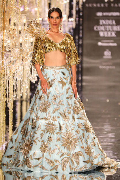 Blue & Gold Floral Embroidered Lehenga