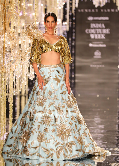 Blue & Gold Floral Embroidered Lehenga