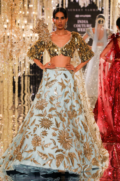 Blue & Gold Floral Embroidered Lehenga