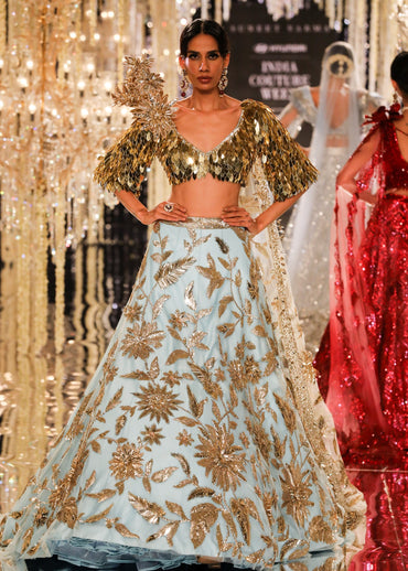 Blue & Gold Floral Embroidered Lehenga
