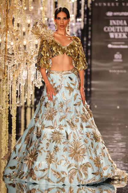 Blue & Gold Floral Embroidered Lehenga
