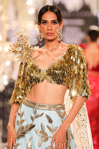 Blue & Gold Floral Embroidered Lehenga