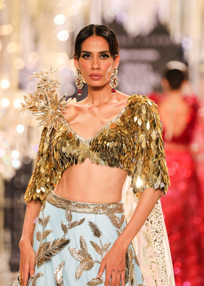 Blue & Gold Floral Embroidered Lehenga