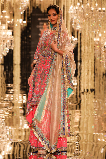 Coral Pink Sharara Set with Gold Gota & Zardozi
