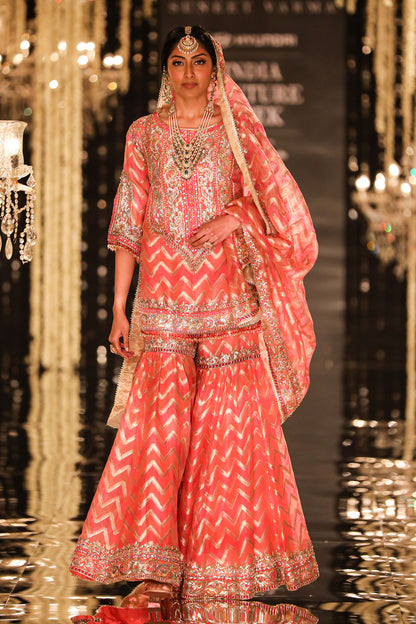 Coral Chevron Banarasi Kurta & Sharara Set