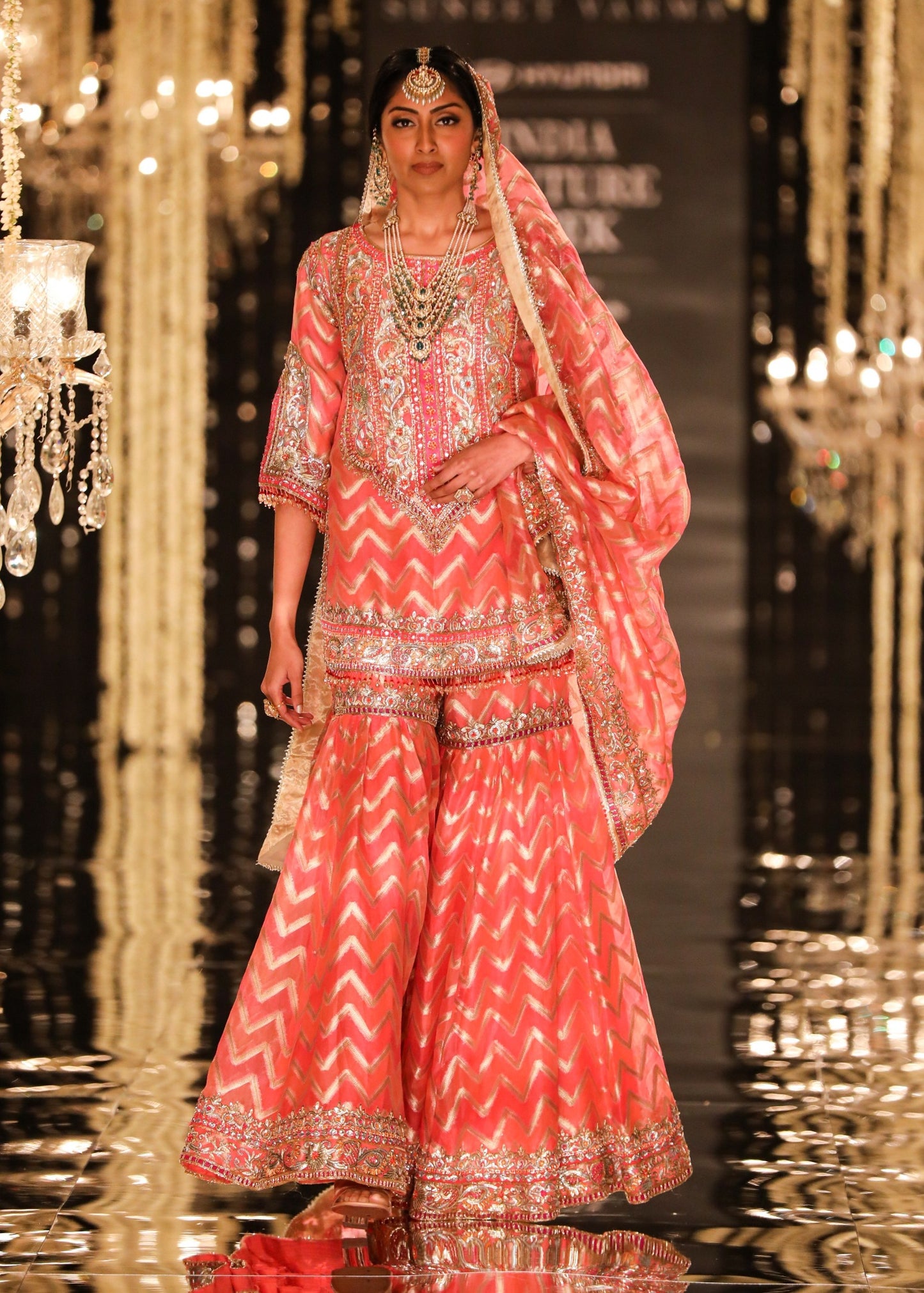Coral Chevron Banarasi Kurta & Garara Set
