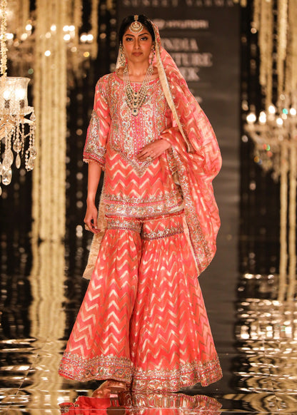 Coral Chevron Banarasi Kurta & Garara Set