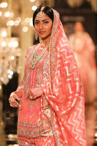 Coral Chevron Banarasi Kurta & Sharara Set