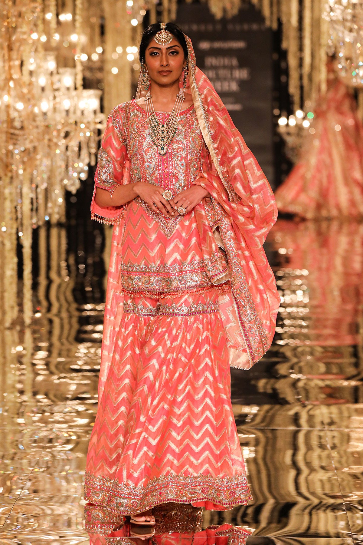 Coral Chevron Banarasi Kurta & Sharara Set