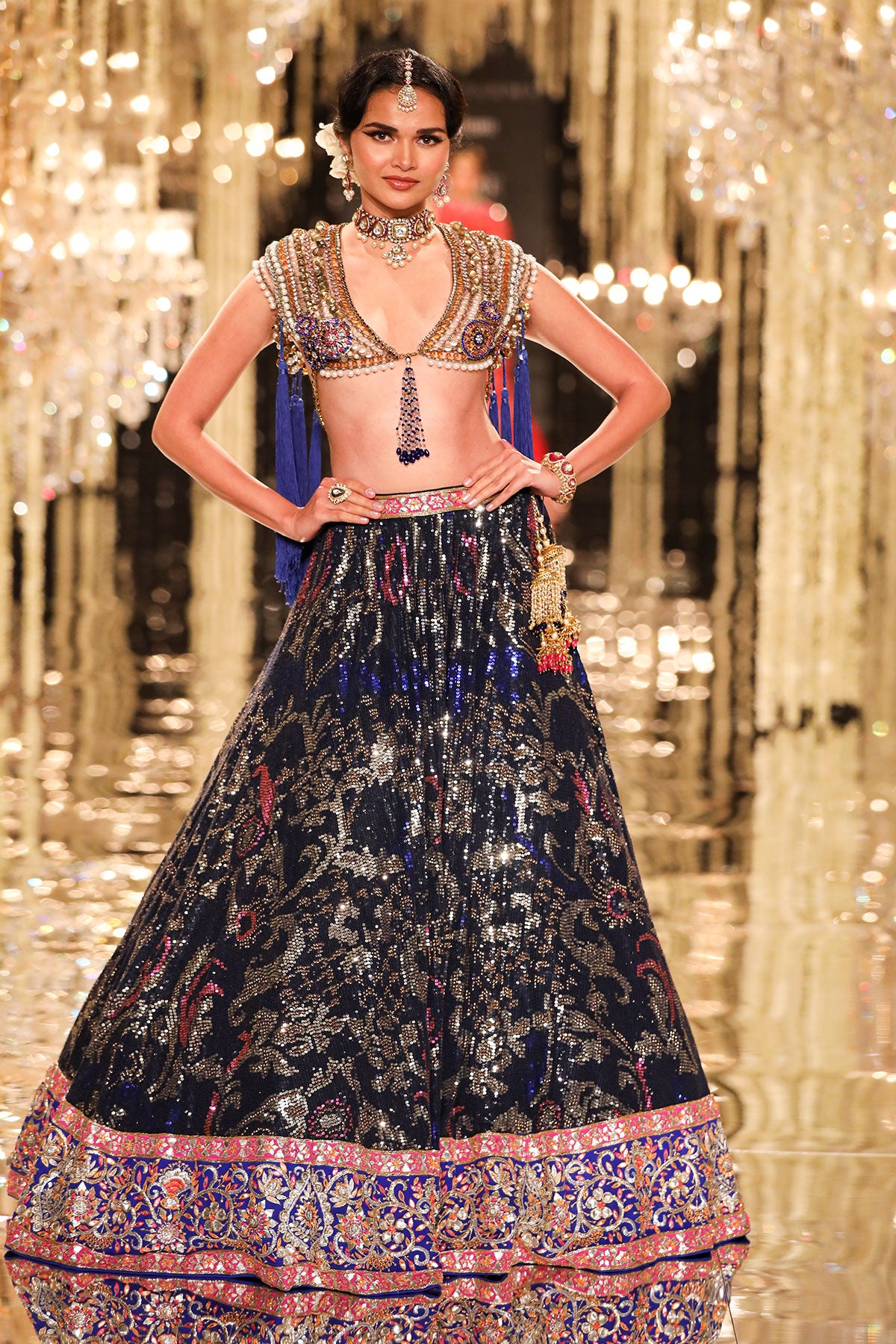 Dark Navy and Gold Sheeting Lehenga