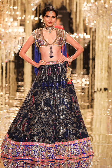 Dark Navy and Gold Sheeting Lehenga