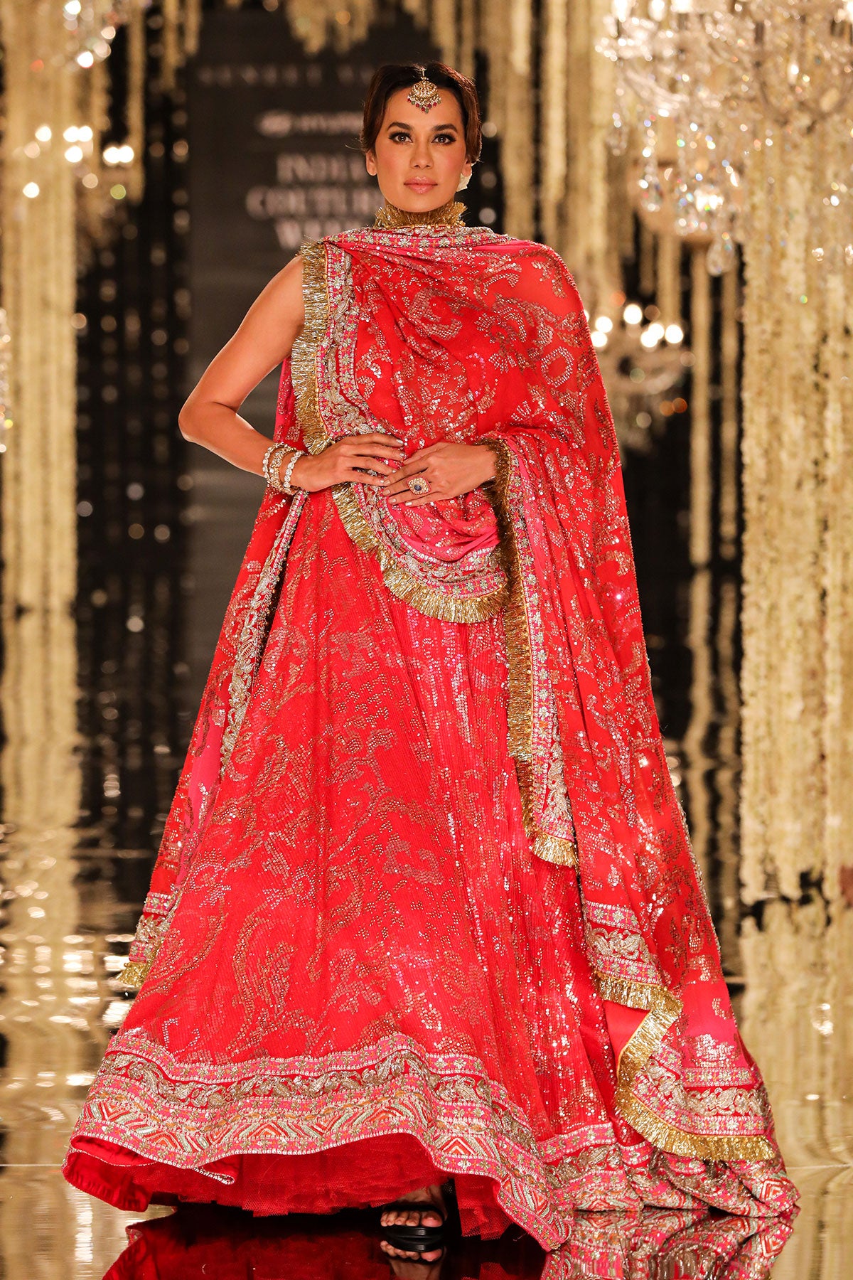 Red and Gold Sheeting Lehenga