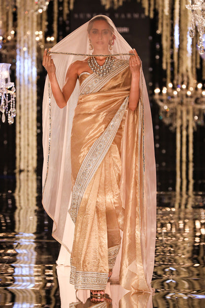 Gold Thread & Crystal Embroidered Tissue Saree