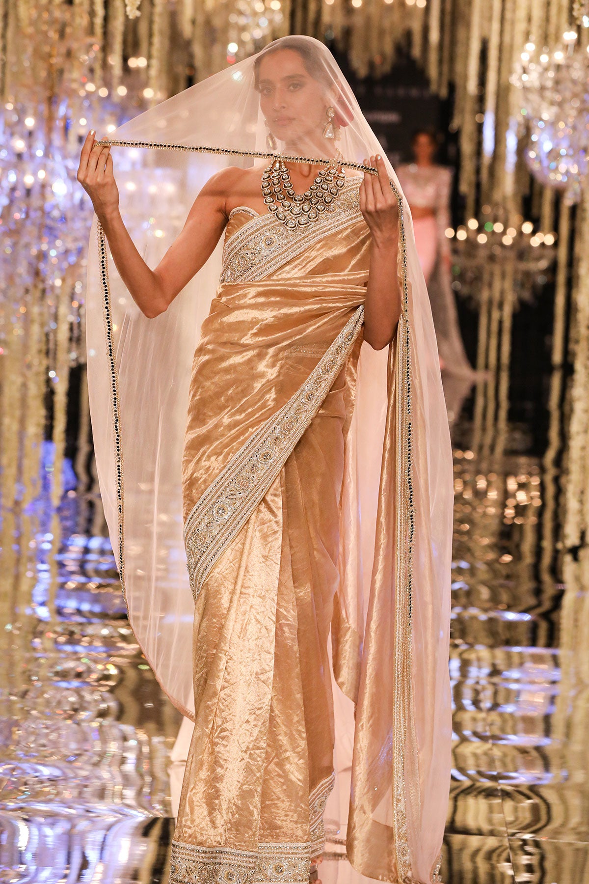 Gold Thread & Crystal Embroidered Tissue Saree