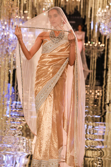 Gold Thread & Crystal Embroidered Tissue Saree