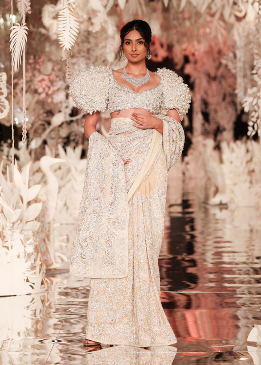 Nude Aari Embroidered Saree with Pearl Detailed Blouse