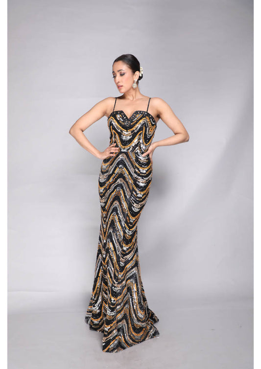 Sequined Chevron Strapless Gown