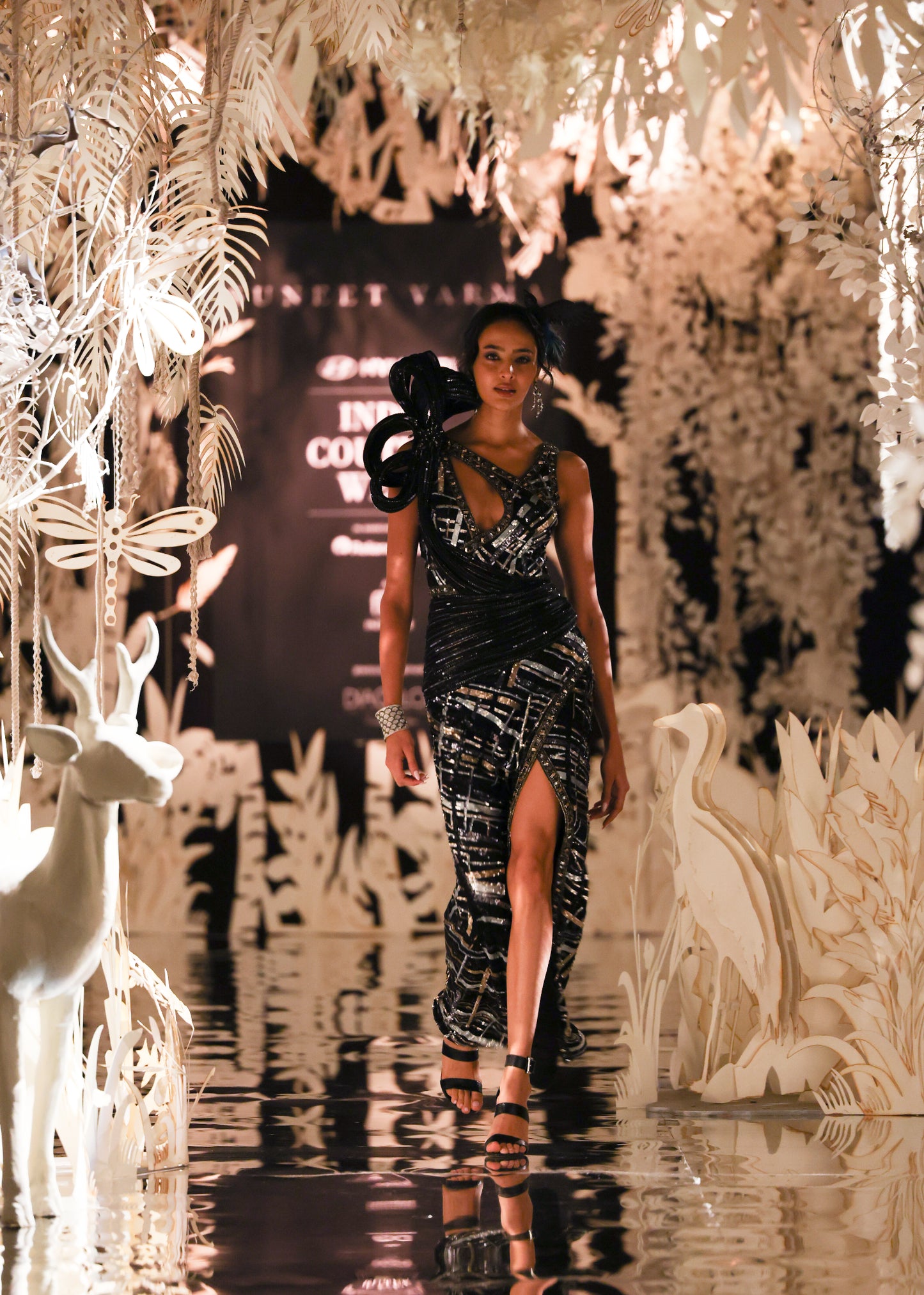 Embellished Black and Silver Slit Gown with Sculptural Bodice