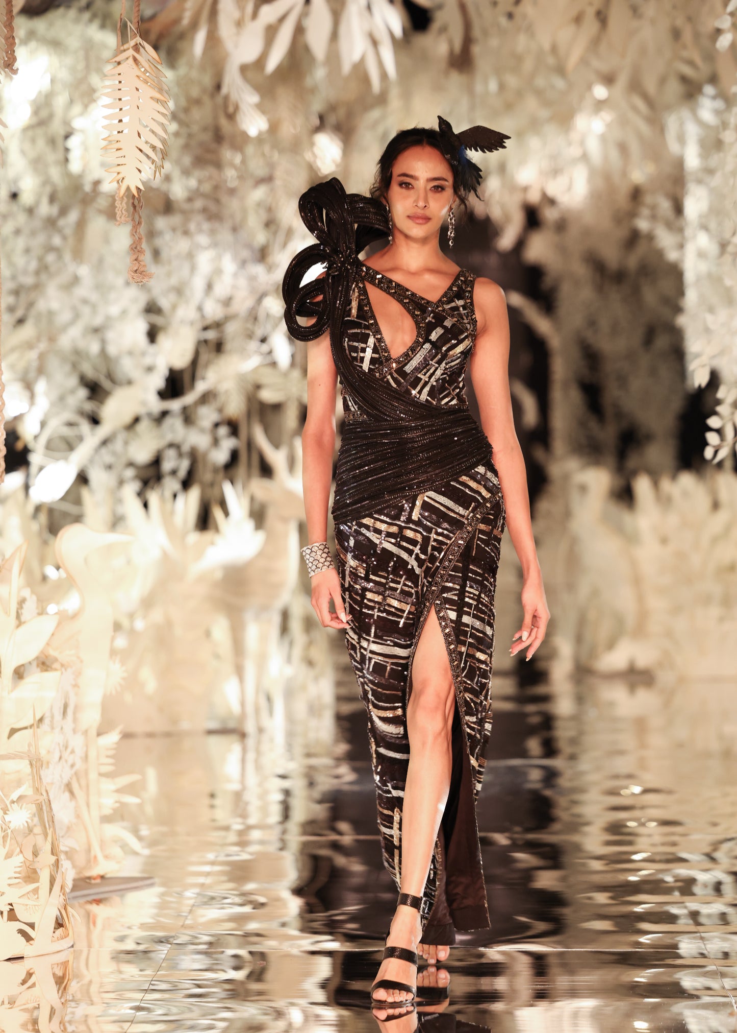 Embellished Black and Silver Slit Gown with Sculptural Bodice