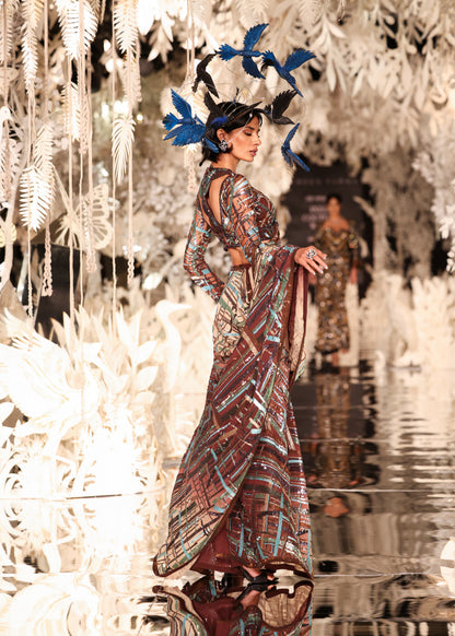 Abstract Printed Cape Gown with High Slit and Feathered Headpiece
