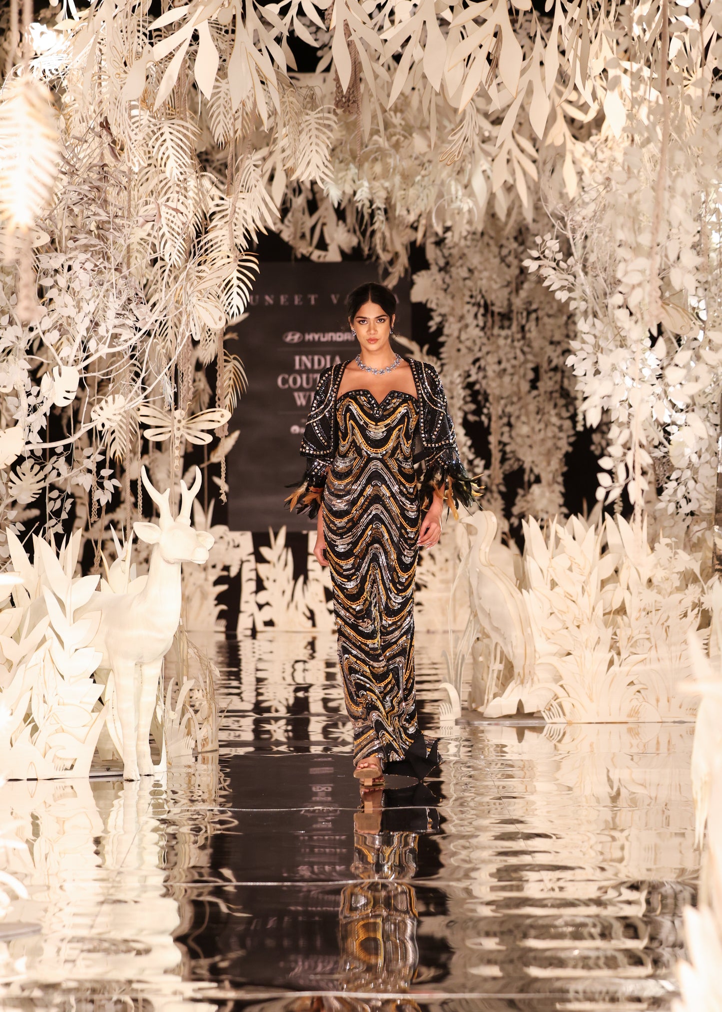 Sequined Chevron Strapless Gown with Feathered Sleeves