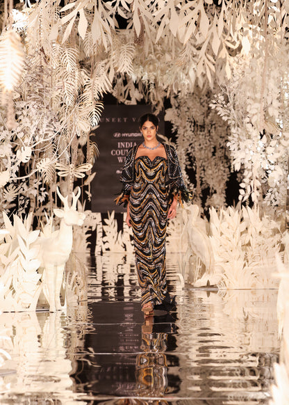 Sequined Chevron Strapless Gown with Feathered Sleeves