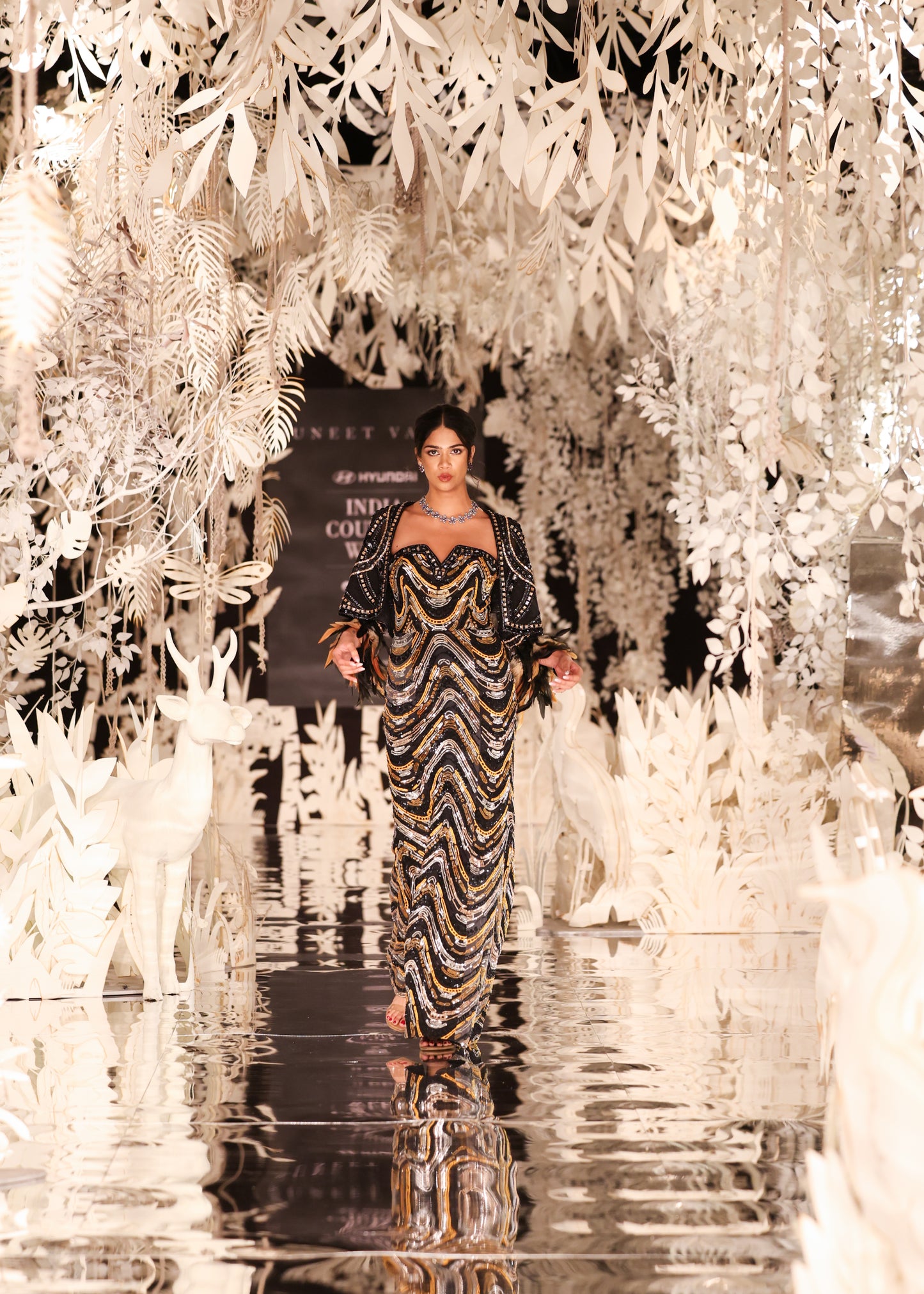 Sequined Chevron Strapless Gown with Feathered Sleeves