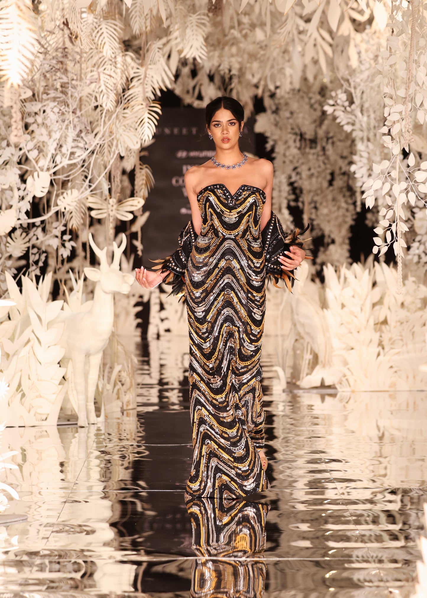 Sequined Chevron Strapless Gown with Feathered Sleeves