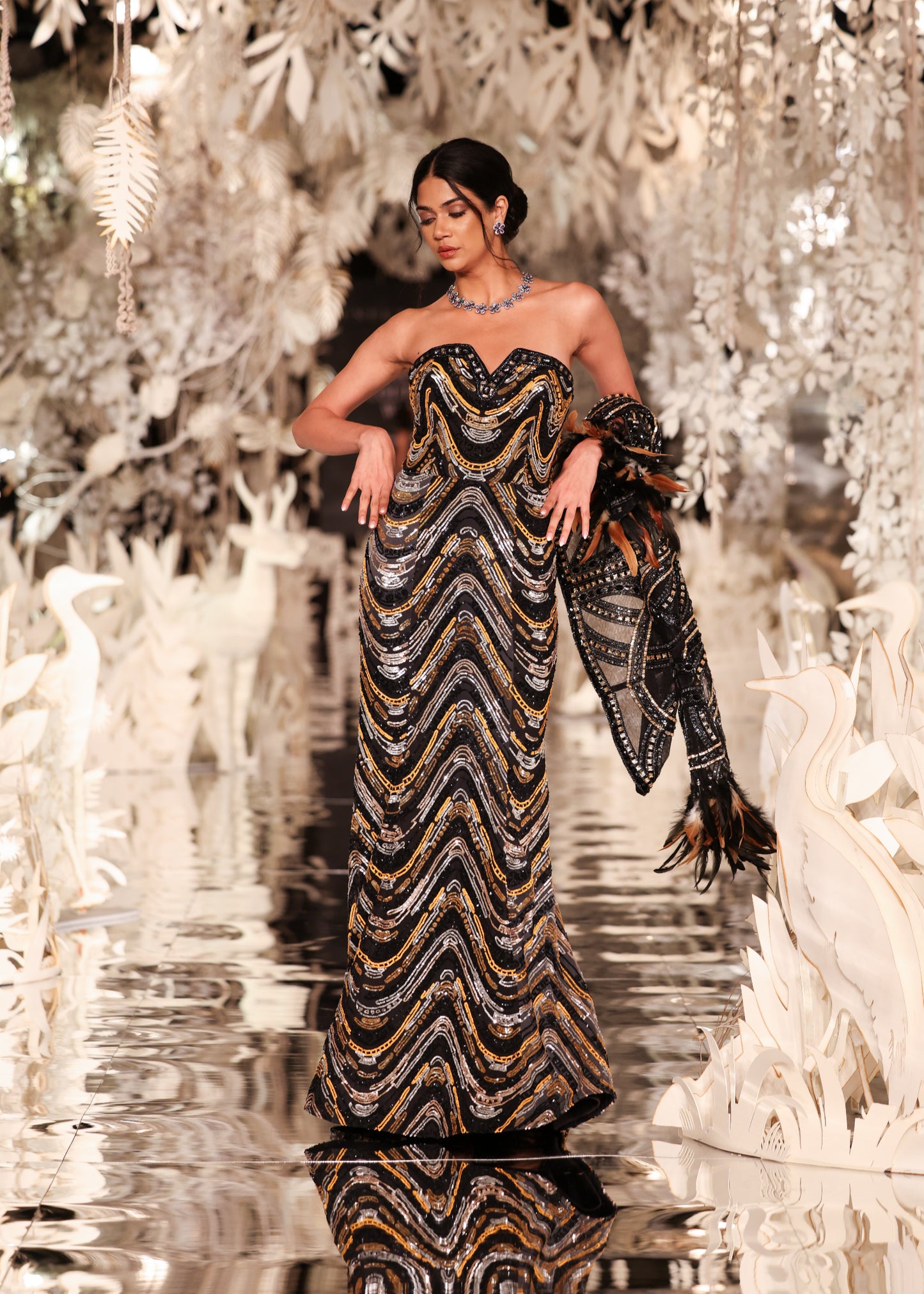 Sequined Chevron Strapless Gown with Feathered Sleeves