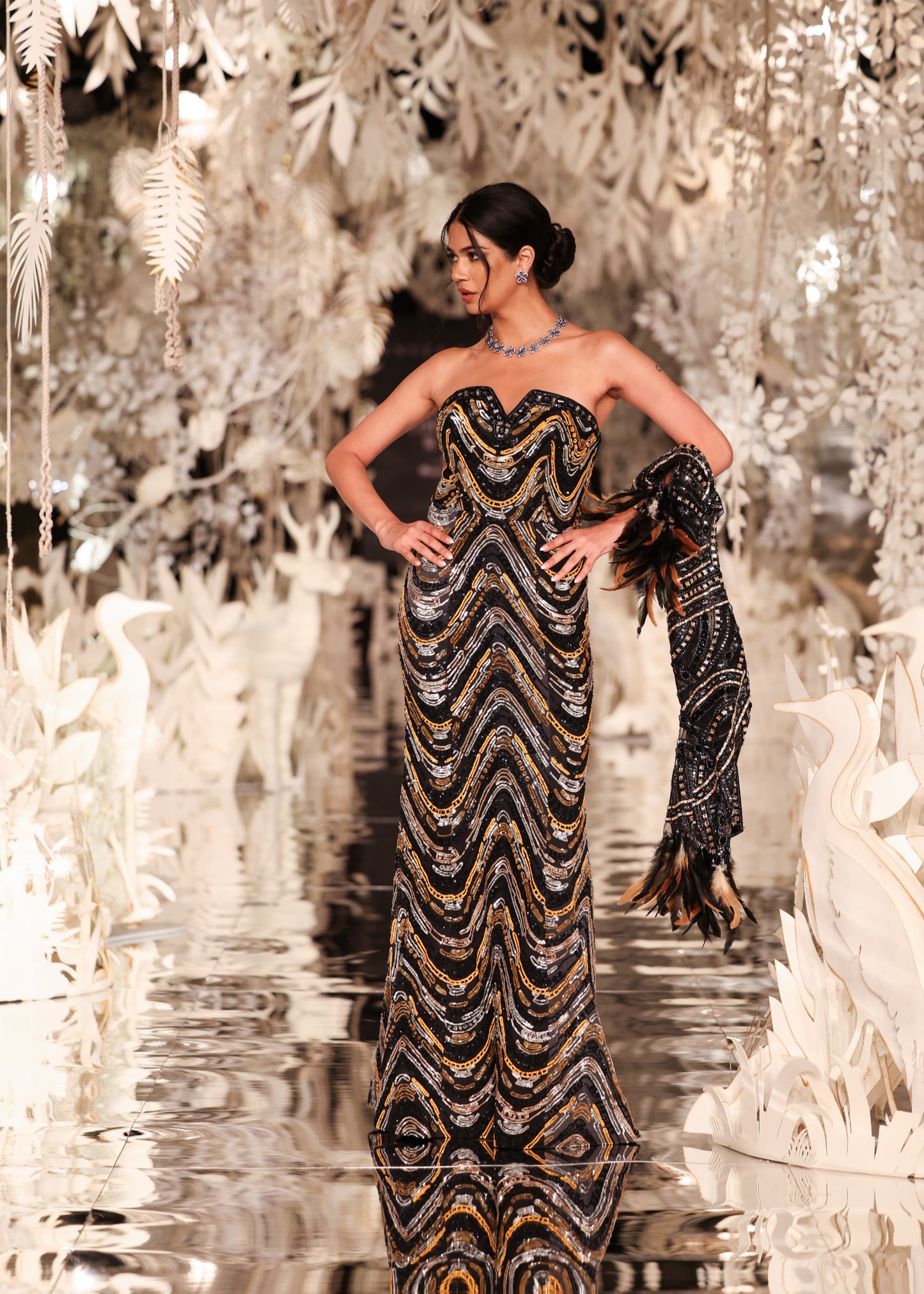 Sequined Chevron Strapless Gown with Feathered Sleeves