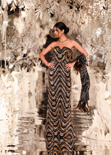 Sequined Chevron Strapless Gown with Feathered Sleeves