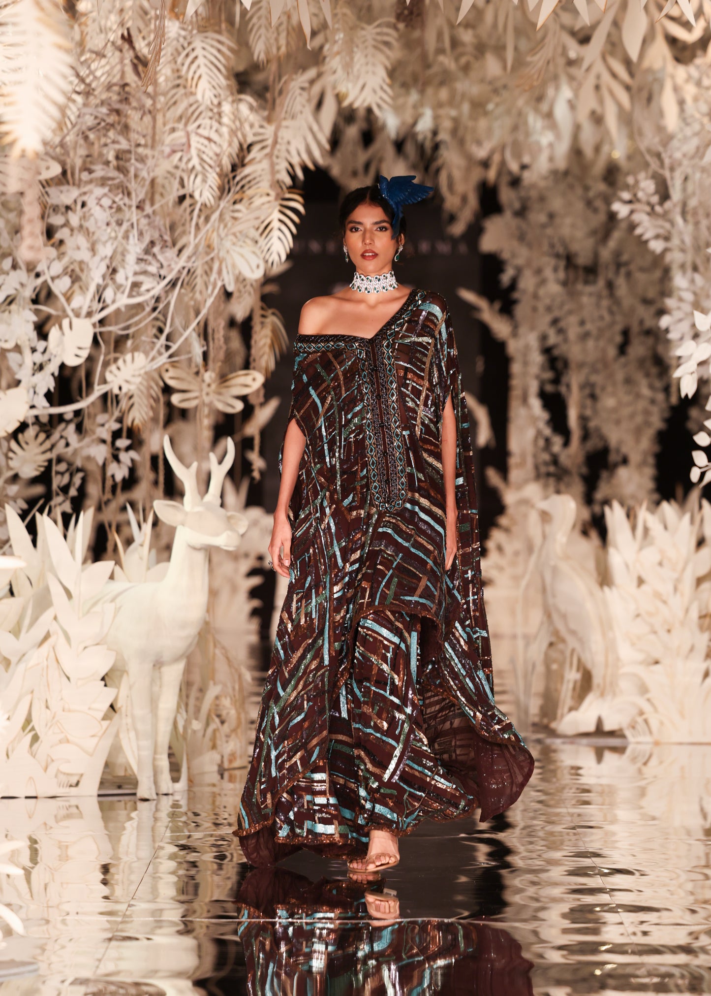 Abstract Printed Kaftan Gown with Sequin Embellishments