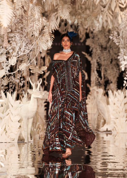 Abstract Printed Kaftan Gown with Sequin Embellishments