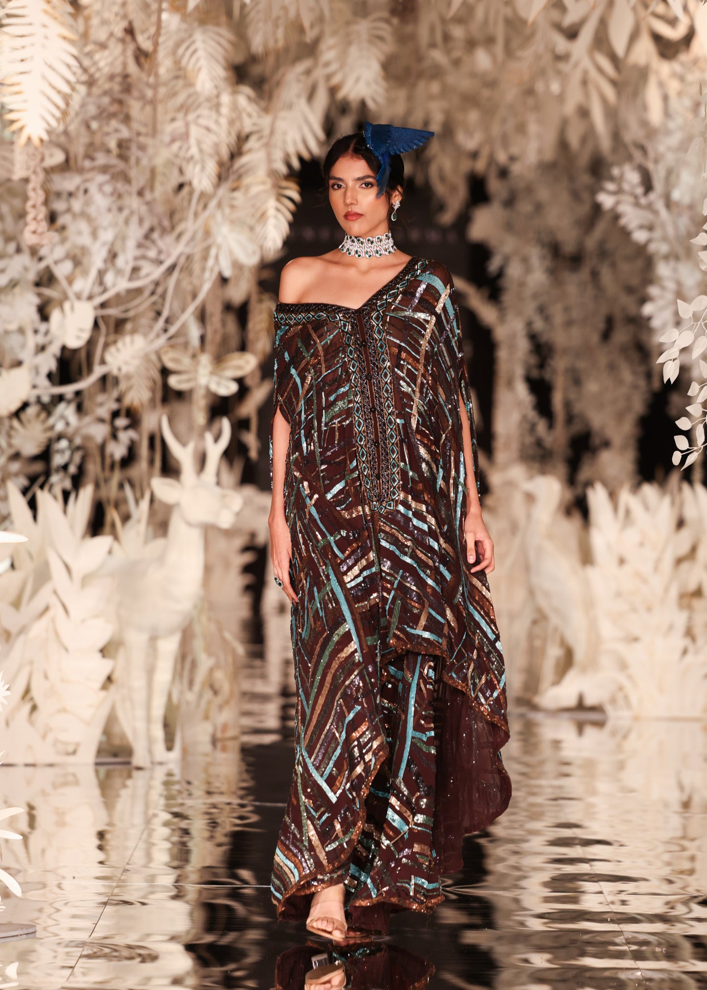 Abstract Printed Kaftan Gown with Sequin Embellishments