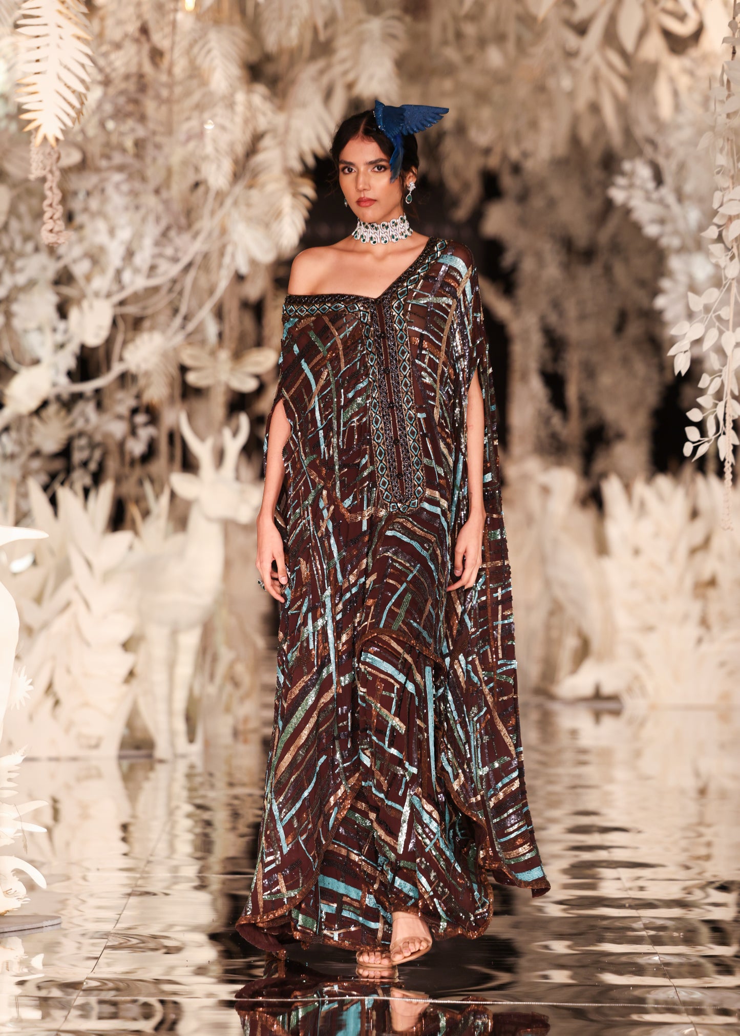 Abstract Printed Kaftan Gown with Sequin Embellishments
