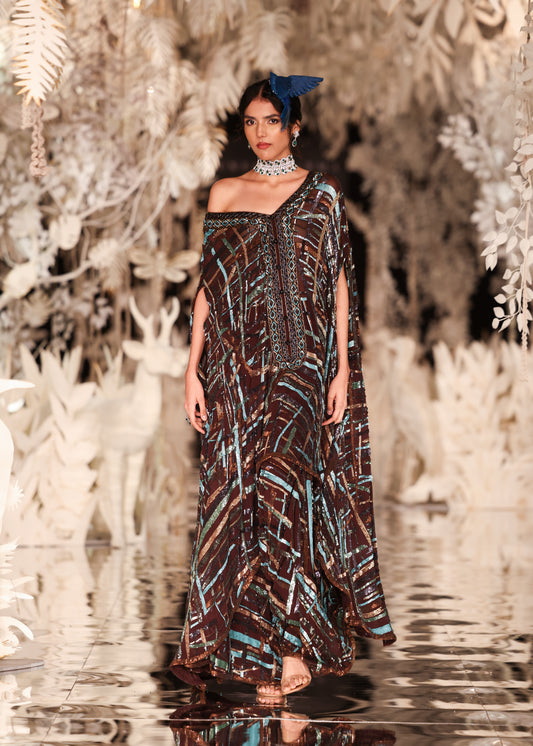 Abstract Printed Kaftan Gown with Sequin Embellishments