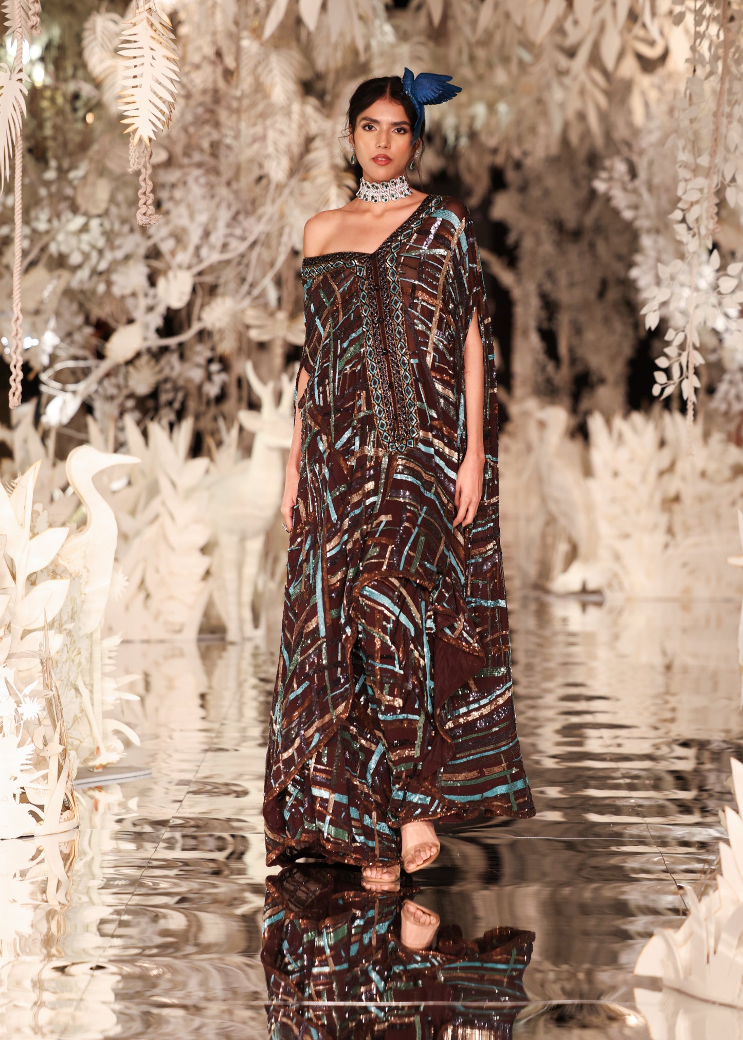 Abstract Printed Kaftan Gown with Sequin Embellishments