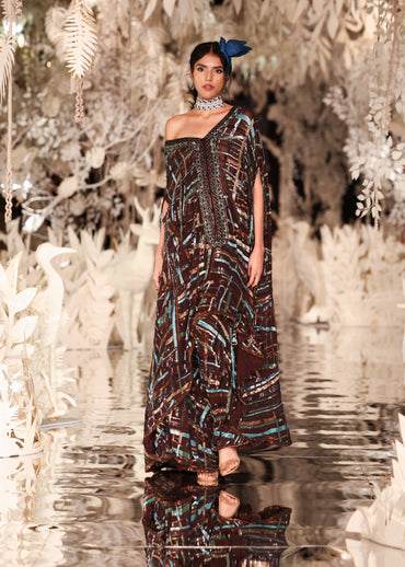 Abstract Printed Kaftan Gown with Sequin Embellishments