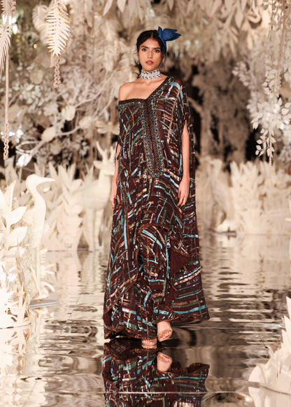 Abstract Printed Kaftan Gown with Sequin Embellishments
