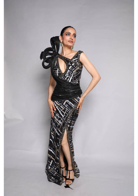 Embellished Black and Grey Stripe Gown