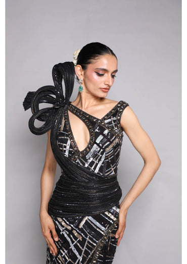 Embellished Black and Grey Stripe Gown