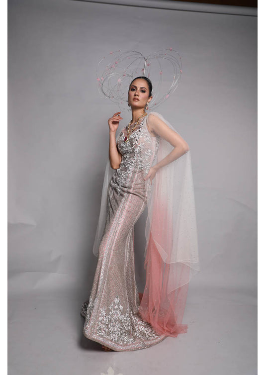 Ombre Embellished Cape Gown with Crystals