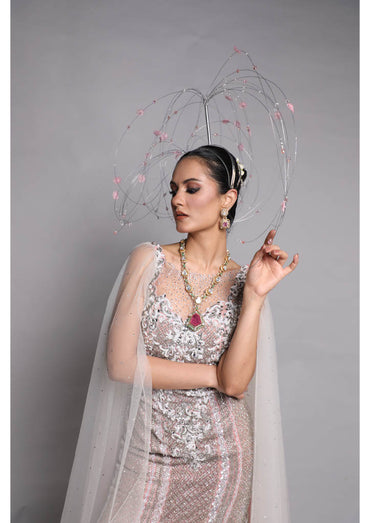 Ombre Embellished Cape Gown with Crystals