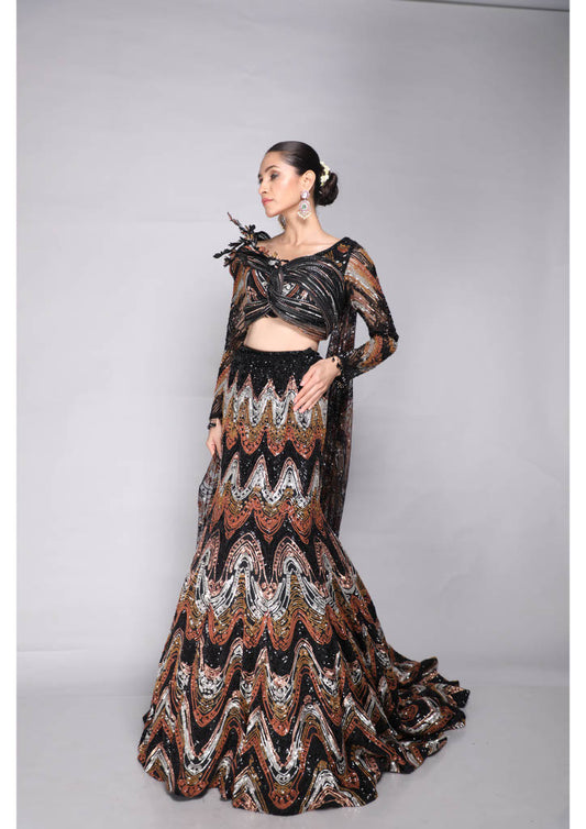 Chevron Sequins Lehenga with Blouse and Cascades